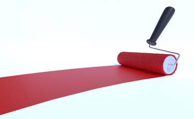 Paint roller with red color. Isolated on white background. 3D rendered illustration.