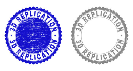 3D REPLICATION stamp seals with grunge texture in blue and gray colors isolated on white background. Vector rubber imprint of 3D REPLICATION label inside round rosette.