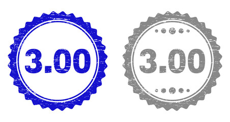 3.00 stamp seals with distress texture in blue and grey colors isolated on white background. Vector rubber watermark of 3.00 caption inside round rosette. Stamp seals with dust styles.