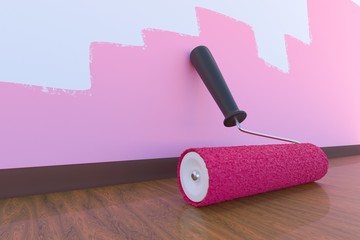 Paint roller with pink color. Room painting concept. 3D rendered illustration.