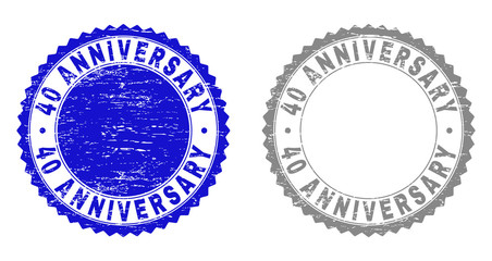 40 ANNIVERSARY stamp seals with distress texture in blue and gray colors isolated on white background. Vector rubber watermark of 40 ANNIVERSARY label inside round rosette.