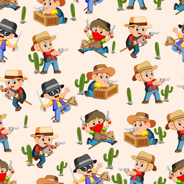 Seamless pattern with  west cowboy in action