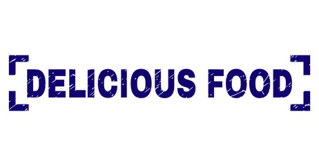 DELICIOUS FOOD caption seal print with distress style. Text caption is placed inside corners. Blue vector rubber print of DELICIOUS FOOD with unclean texture.