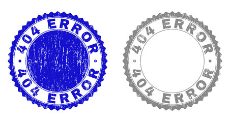 404 ERROR stamp seals with grunge texture in blue and gray colors isolated on white background. Vector rubber overlay of 404 ERROR label inside round rosette. Stamp seals with unclean textures.