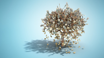 dollar tree with hundred dollar bills and coins growing out of the graund on blue 3d render