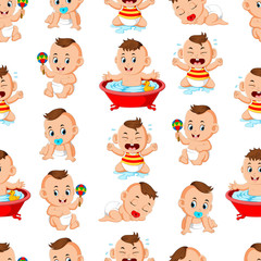Seamless pattern with happy babies doing the activities