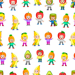 Seamless pattern with children using the healthy fruit costume	