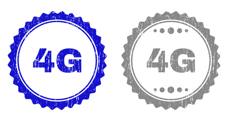 4G stamp seals with distress texture in blue and grey colors isolated on white background. Vector rubber imprint of 4G label inside round rosette. Stamp seals with corroded styles.
