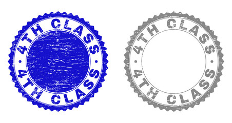 4TH CLASS stamp seals with distress texture in blue and gray colors isolated on white background. Vector rubber imitation of 4TH CLASS tag inside round rosette. Stamp seals with grunge textures.