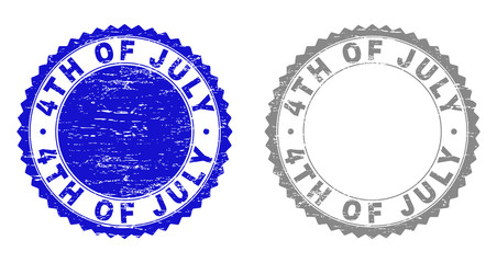 4TH OF JULY stamp seals with grunge texture in blue and gray colors isolated on white background. Vector rubber imitation of 4TH OF JULY caption inside round rosette.