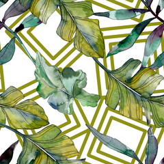 Green leaf. Exotic tropical hawaiian summer. Watercolor background illustration set. Seamless...