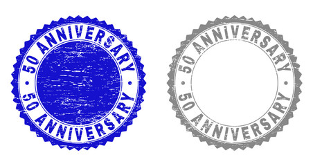 50 ANNIVERSARY stamp seals with grunge texture in blue and gray colors isolated on white background. Vector rubber imprint of 50 ANNIVERSARY text inside round rosette.