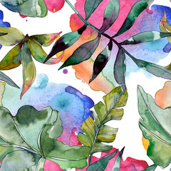 Green leaf. Exotic tropical hawaiian summer. Watercolor background illustration set. Seamless...