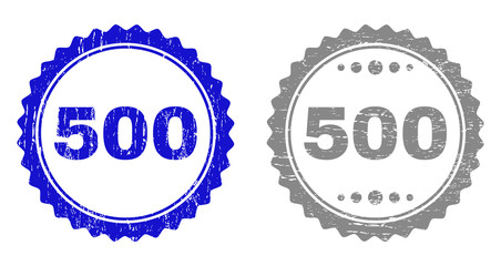 500 stamp seals with grunge texture in blue and grey colors isolated on white background. Vector rubber imprint of 500 text inside round rosette. Stamp seals with unclean styles.