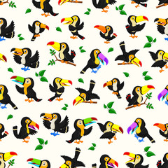 Seamless pattern with black toucan with the different posing