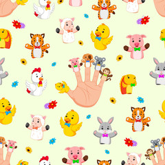 Seamless pattern with Hand wearing cute  finger puppets