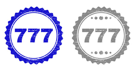 777 stamp seals with distress texture in blue and grey colors isolated on white background. Vector rubber imprint of 777 caption inside round rosette. Stamp seals with grunge textures.