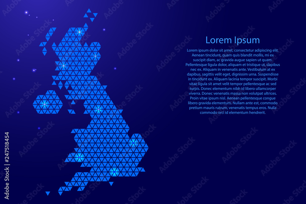 Poster united kingdom map abstract schematic from blue triangles repeating pattern geometric background wit
