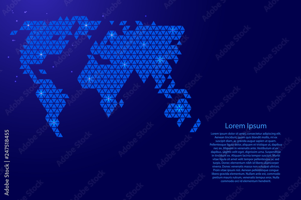 Poster world map abstract schematic from blue triangles repeating pattern geometric background with nodes a