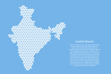 India map abstract schematic from white  triangles repeating pattern geometric on light blue background with nodes for banner, poster, greeting card. Vector illustration.