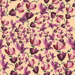 Magnolia flowers, watercolor seamless pattern, ornament, hand-painted with paints, textiles, fabric, print for clothes, retro.