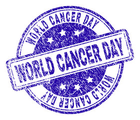 WORLD CANCER DAY stamp seal imprint with grunge texture. Designed with rounded rectangles and circles. Blue vector rubber print of WORLD CANCER DAY caption with grunge texture.