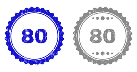 80 stamp seals with grunge texture in blue and gray colors isolated on white background. Vector rubber watermark of 80 text inside round rosette. Stamp seals with grunge styles.