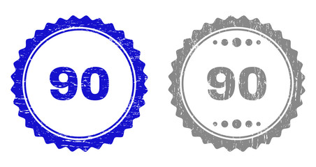 90 stamp seals with grunge texture in blue and gray colors isolated on white background. Vector rubber imprint of 90 title inside round rosette. Stamp seals with dust styles.