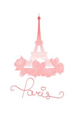 Fototapeta na wymiar Vector illustration of Eiffel Tower and roses. T-shirt print design