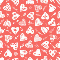 Vector collections of hand drawn hearts isolated on transparent background. Love valentines day clipart. Heart shape decorated floral elements: rose, tulip, key with wings, arrows. Seamless pattern