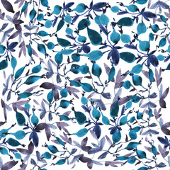 Seamless pattern with red rosehips berries and green leaves. Watercolor illustration on white background.