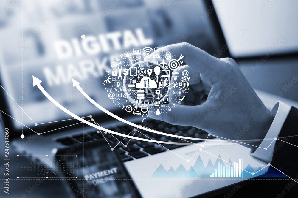 Poster digital marketing. businessman holding compass with icon marketing networking connection and payment