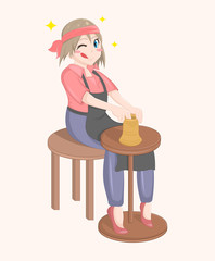 Happy cartoon vector isolated potter girl. Cute woman sitting and modeling a jug out of clay. The girl ceramist. Hobby concept.