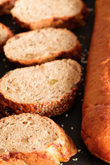 Craft bread background. Healthy bakery concept. Selective focus effect.