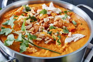 Mulligatawny soup with chicken meat, top view