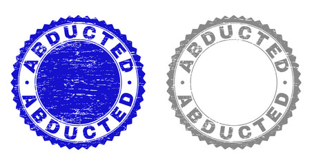 ABDUCTED stamp seals with grunge texture in blue and grey colors isolated on white background. Vector rubber imprint of ABDUCTED title inside round rosette. Stamp seals with unclean styles.