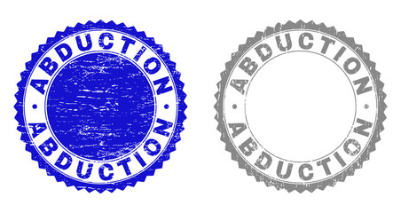 ABDUCTION stamps with grunge texture in blue and gray colors isolated on white background. Vector rubber overlay of ABDUCTION text inside round rosette. Stamp seals with retro textures.