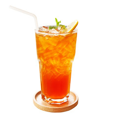 Glass of Iced tea with lemon slice on wooden plate isolated on white background with clipping path..