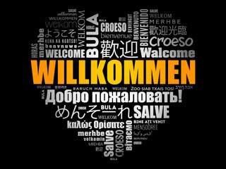 Willkommen (Welcome in German) love heart word cloud in different languages