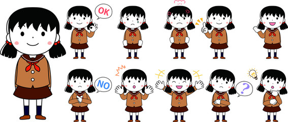 Fototapeta premium A cute pigtails female student in a sailor suit expressing emotion set