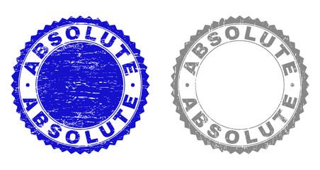 ABSOLUTE stamp seals with distress texture in blue and gray colors isolated on white background. Vector rubber overlay of ABSOLUTE label inside round rosette. Stamp seals with unclean textures.