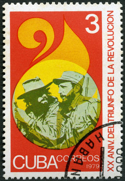 CUBA - 1979: shows commander Fidel Alejandro Castro Ruz (1926-2016) and soldier, Triumph of the Revolution, 20th anniversary