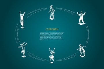 Children outdoors - children playing football, soccer, golf, badminton and roller-skating vector concept set