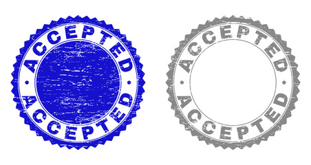 ACCEPTED stamp seals with grunge texture in blue and gray colors isolated on white background. Vector rubber imprint of ACCEPTED tag inside round rosette. Stamp seals with grunge styles.