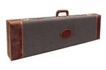 luxury brown leather case with gold-plated combination locks for arms isolated on white