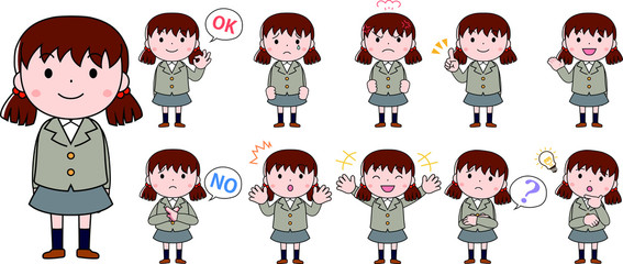 A pigtails female student expressing emotion set