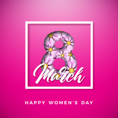 Happy Womens Day Floral Greeting Card Design. International Female Holiday Illustration with Flower in cutting Eight Number and Typography Letter on Pink Background. Vector International 8 March