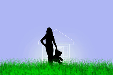 A girl with a toy is standing in front of an imaginary house.
