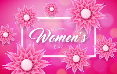 Happy Womens Day Floral Greeting Card Design. International Female Holiday Illustration with Abstravt Flower and Typography Letter on Pink Background. Vector International 8 March Template.