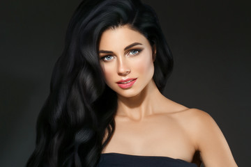 Fototapeta premium Black hair woman. Beautiful brunette hairstyle fashion portrait over dark background